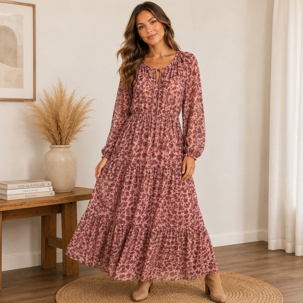 Laurel Grey Romantic Floral Tiered Maxi Dress Size XXL